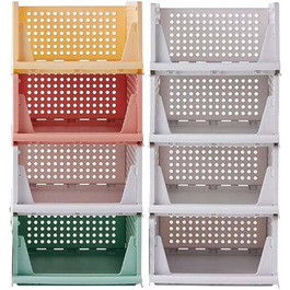 RMAN 8-Piece Stackable Folding Clothes Closet Storage Boxes Organizer Drawers Plastic Storage Crates for Home Bedroom Kitchen - White (4 Colors and White)