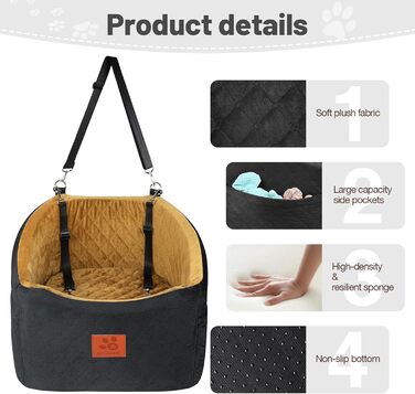 Автокрісло для собак HEGGOOE: комфортне та безпечне автоліжко для маленьких та середніх собак, з пам'яті ефекту, знімний дизайн, з кишенями та страхувальними ременями (чорний/кава)