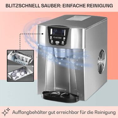 Машина для приготування льоду Klarstein Eiswürfelmaschine Klein, 2 л, з дозатором води, для 12 кг льоду, швидка, з сигналом, пластик, срібло