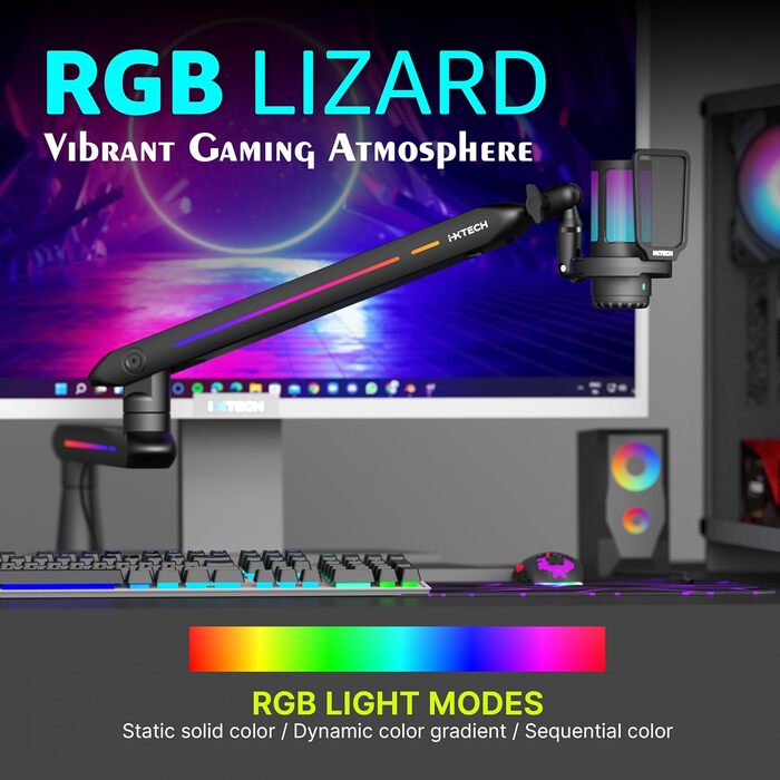 Кріплення для мікрофона IXTECH RGB Low Profile з регулюванням, настільний стійка з кріпленням, поворотний мікрофонний тримач з кабельною організацією для стрімінгу та подкастів, 4 ящірки RGB