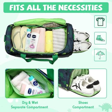 VASCHY Kids Duffel Bag - Overnight Travel Bag for Toddlers, Boys, Water-Resistant Ballet Dance Sports Carry-On Weekender Bag with Shoe Compartment Dry Wet Pocket Green Dinosaur