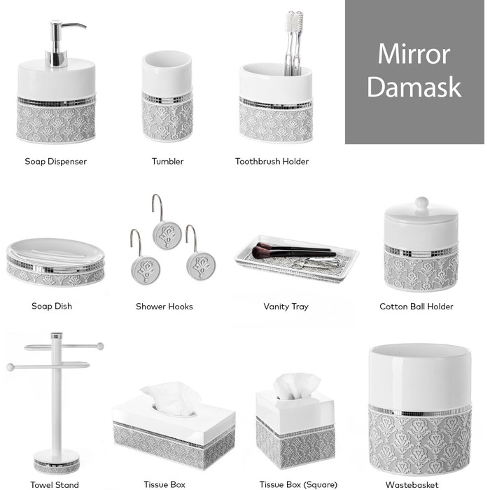 Набір аксесуарів для ванної кімнати Creative Scents Mirror Damask (6 предметів) - Дозатор для мила, мильниця, стакан, тримач для зубної щітки, кришка для серветок, сміттєвий кошик (сірий та білий)