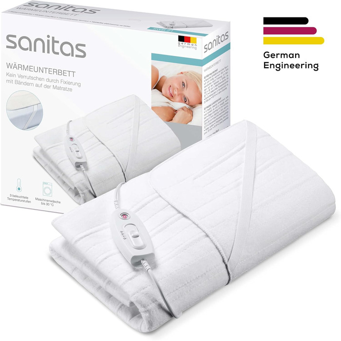 Електричне підігріваюче підвійне покривало Sanitas SWB 21 з м'якого флісу, з фіксувальними стрічками, системою безпеки, 3 температурними режимами, машинне прання, розмір 150 x 80 см, білий колір, нове дизайну