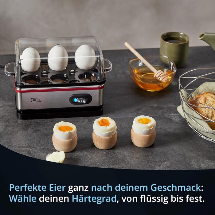 Електричний яйцеварка KHG EK-600SE: 6 яєць, нержавіюча сталь, з підігрівом, ретро-дизайн, з будильником та мірним стаканом, 400 Вт