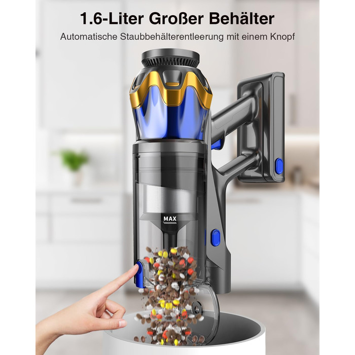 Бездротовий акумуляторний пилосос 45000 Па/550 Вт/65 хв, об'єм 1,6 л з дисплеєм, антизаплутувальною насадкою, самостійне стояння, док-станція на стіні, 8-шарова фільтрація, тиха робота, для шерсті тварин/килимів/твердих підлог/автомобіля, блакитний