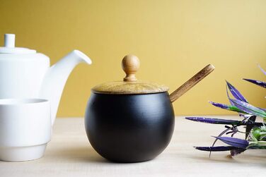 ГоCraft цукорниця з дерев'яною кришкою та ложкою для дому та кухні, у формі барабана (матове чорне покриття)