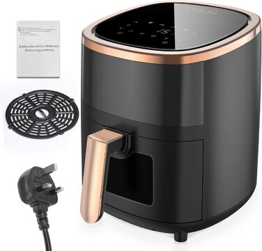 Фритюрниця повітряна 6L з 8 програмами, Rapid Air, сенсорний екран, вікно, 200°C, 1200W, для миття в посудомийній машині, без олії, гриль, випічка, запікання (Білий) (Чорний)