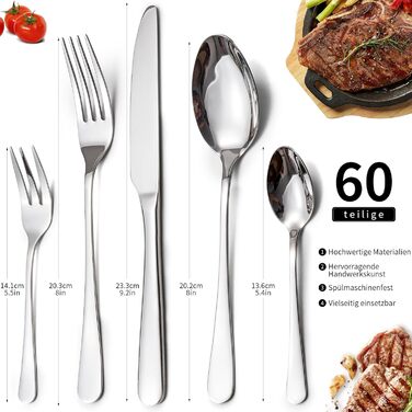 LAZAHOME Cutlery Set, Stainless Steel Mirror Polished, 60-Piece Cutlery Set for 12 People, Dining Cutlery Set with Knife, Fork, and Spoon for Family/Party/Hotel/Restaurant, Silver Table Cutlery, Dishwasher Safe, 60 Pieces
