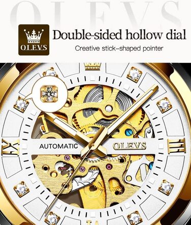 Чоловічий механічний годинник OLEVS Skeleton Automatic — золотий корпус, сталевий браслет, сріблястий циферблат, водонепроникний, люмінесцентний