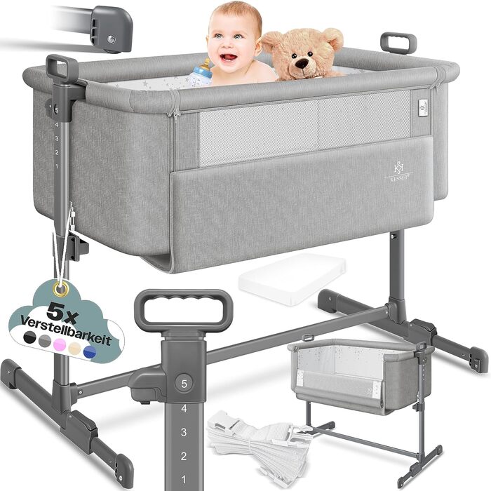 KESSER® Hubi 3in1 Bedside Bed, Travel Bed, Baby Bed with Soft Mattress, Mobile Bed, 5-Level Height Adjustment, Foldable Side Rail for Home and On the Go, Light Grey