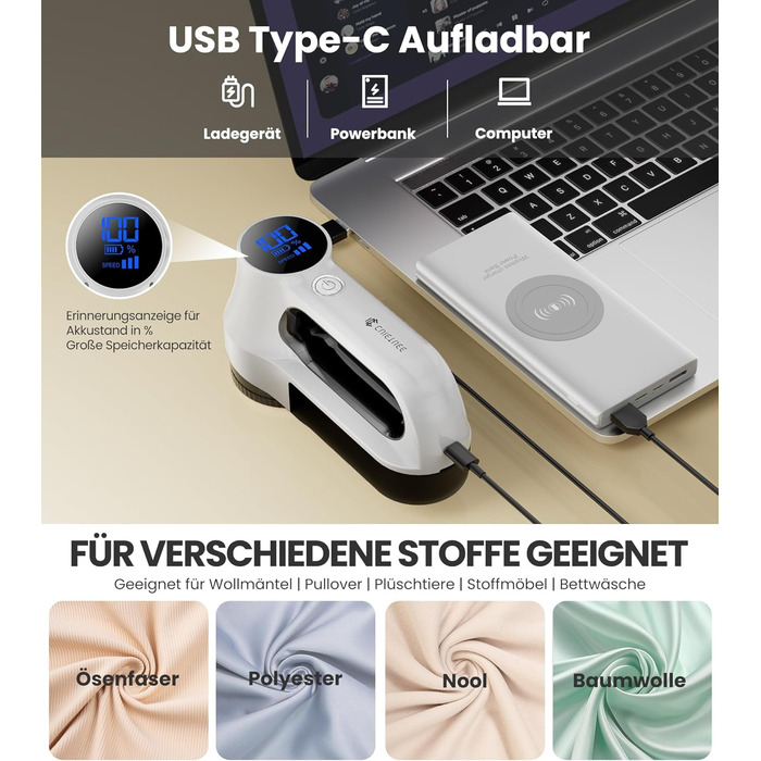 Машинка для видалення катишків CuieTuee з LED та USB-зарядкою, 3 швидкості, 2000mAh, для одягу, білий