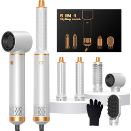 OKWRAP Hairstyler 5 в 1: Набір для укладки волосся, фен з іонами, автоматична плойка, термощітка, випрямляч. Ідеально для випрямлення, сушіння, створення об'єму та локонів. Білий, золотий.