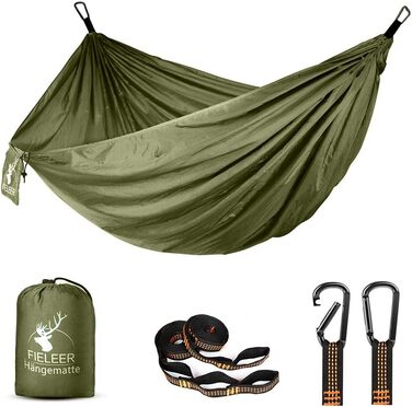 Легка туристична гамак для кемпінгу та відпочинку на природі | Міцна, з карабінами та ременями, 275x140 см, 300 кг, нейлон, для відпочинку вдома та на вулиці, армійний зелений/камелеон