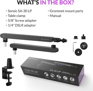 Мікрофонний тримач SENSIC SA-30 LP Low Profile з регульованим підлокітником, 360° обертання, для стрімінгу, інтегроване кабельне кріплення, універсальний, настільний