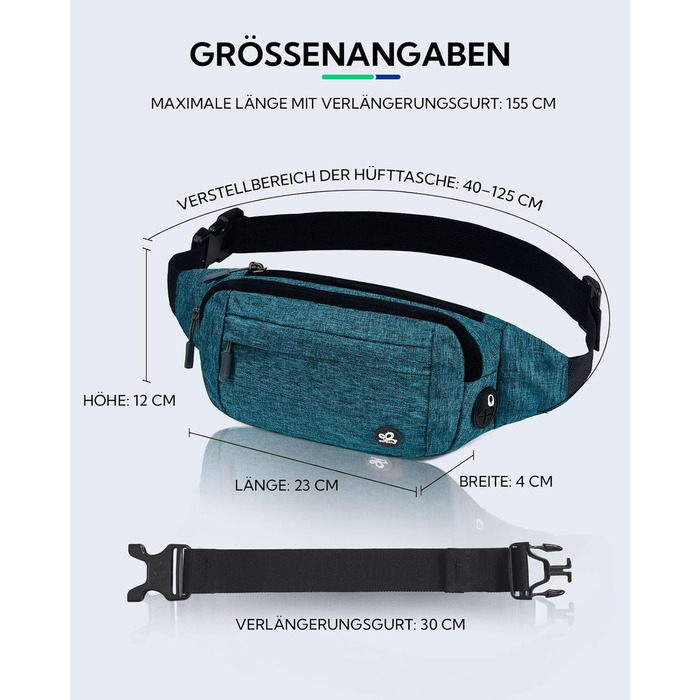 WATERFLY Поясна сумка на пояс для чоловіків та жінок: спортивна сумка на талію, Bum Bag, Hip Bag, Waist Fanny Pack з подовжуваним ремінцем для подорожей, піших прогулянок, дресирування собак, активного відпочинку на природі, блакитний колір