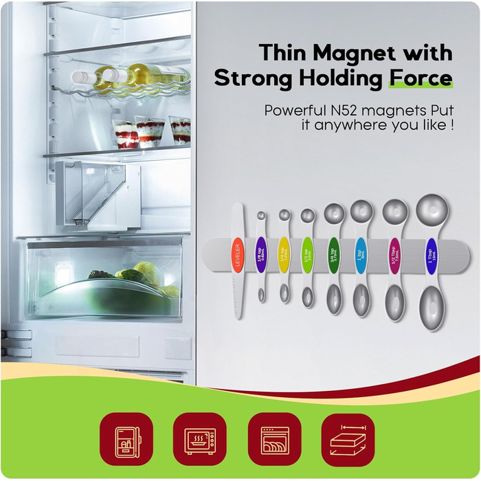 Набір магнітних мірних ложок, нержавіюча сталь, N52 магніти, 7 ложок з рівнем, для спецій, рідин, випічки та приготування їжі