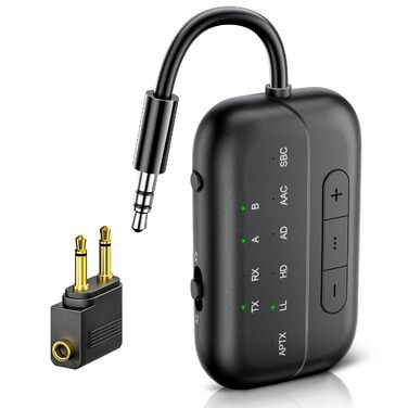 Bluetooth адаптер-трансмітер SONRU 5.3 Airfly 2-в-1, передавач та приймач аудіо (3.5 мм Aux) для навушників, ТБ, літака та авто