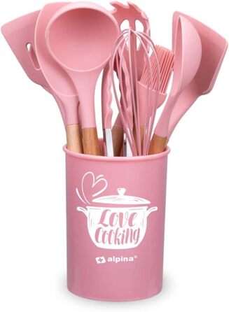 Набір кухонних аксесуарів Alpina 7 предметів з поворотним підставкою - кухонні інструменти, силікон, рожевий