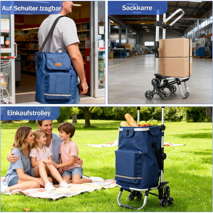Тролей для покупок Sekey XXL з підйомником для сходів, 3-колісний вагончик для кемпінгу та покупок, регульована ручка, алюміній 3-в-1, з відділенням для їжі та напоїв (Блакитний)