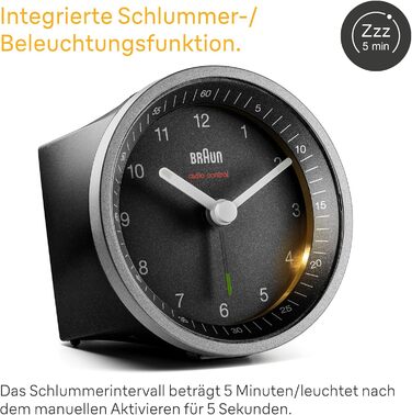 Braun Classic Analog Radio Alarm Clock, Central European Time Zone (CET/GMT+1) with Snooze Function and Illumination, Silent Movement, Crescendo Alarm, Black and Silver, Model BC07SB-DCF.