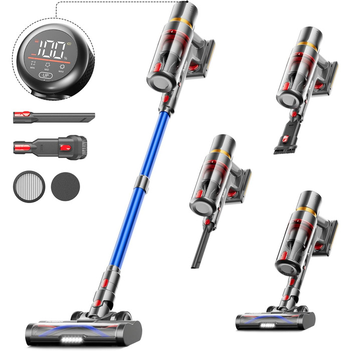 Avalsor Cordless Vacuum Cleaner 45000Pa/550W/70Min, 1.5L Capacity with LED Touchscreen and Anti-Tangle Brush, Cordless Vacuum Cleaner with 8-Layer Filter for Hard Floors/Carpets/Pet Hair Blue