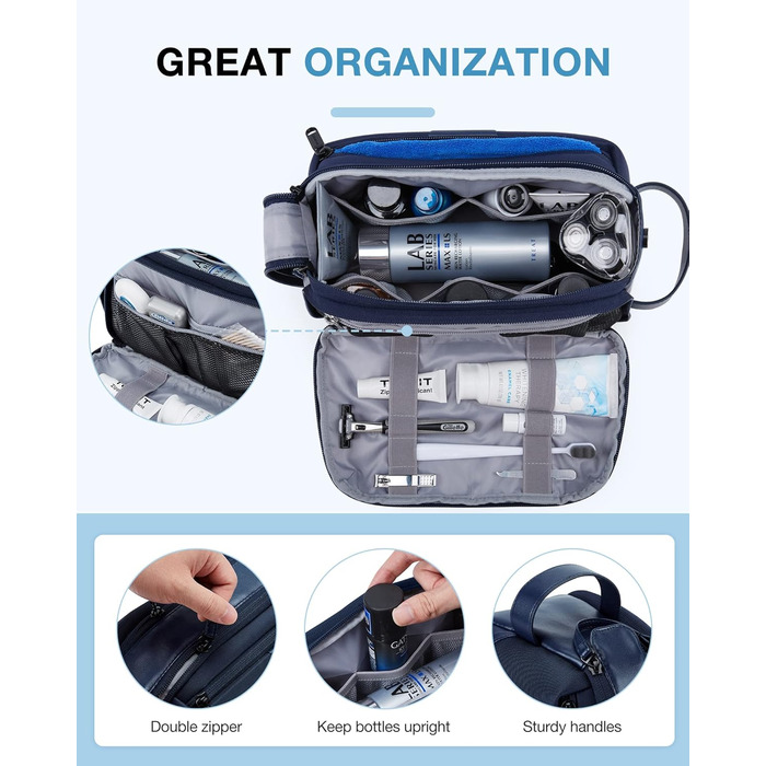 BAGSMART Toiletry Bag for Men, Travel Toiletry Organizer Bag made of Leather, Dopp Kit Waterproof Shaving Bag for Toiletries, (Navy Blue)