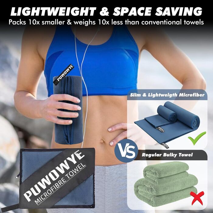 PUWOWYE Набір рушників з мікрофібри (2 шт.): великий 160x80 см + маленький 80x40 см, швидковисихаючі, для спорту, фітнесу, сауни, пляжу, подорожей та відпочинку на природі, блакитні