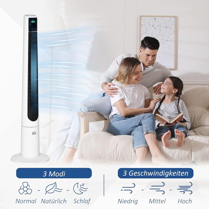 Вентилятор підлоговий HOMCOM 118 см з пультом, 3 режими, LED дисплей, таймер 12 год, білий (220-240V, 50W)