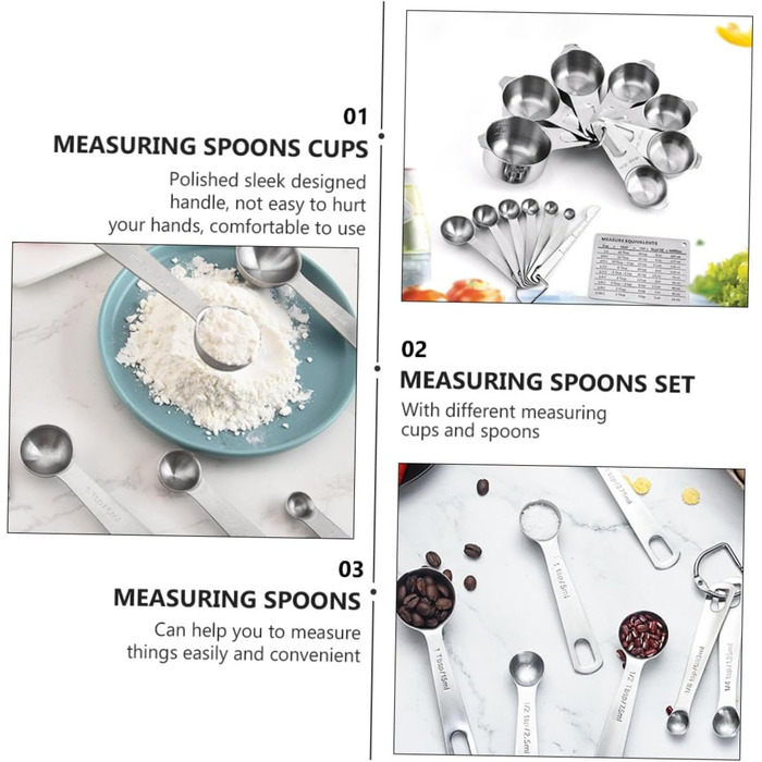15-Piece Measuring Spoon Conversion Chart Multi-Purpose Scoop Portable Kitchen Gadgets Measuring Cup Mini-Scoop Portable Rice Spoon Espresso Spoon Kitchenware Silver Stainless Steel