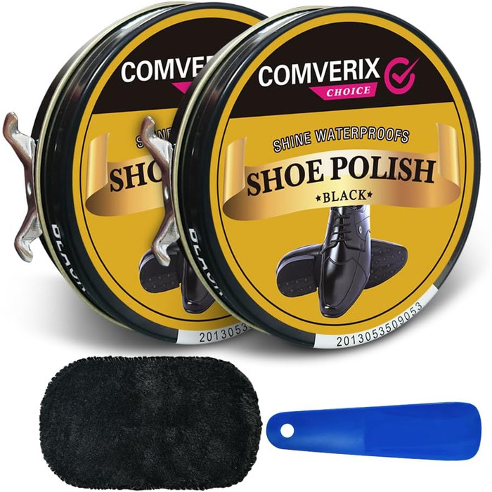 COMVERIX Set with 2 Black Nail Polishes, 45 ml, Nail Polish Set with Shoe Cream, Shine Cloth, Durable Horn, Shiny Finish, Black Shoe Polish Included, Black, 50ml