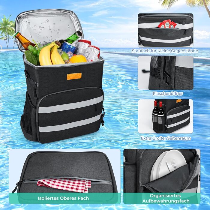 30L Cooler Bag Large Foldable - Cooler Bag for Food & Drinks, Picnic Bag, Insulated Thermal Bag, Cooler Bag Car for Beach/Picnic/Camping/BBQ (Black)