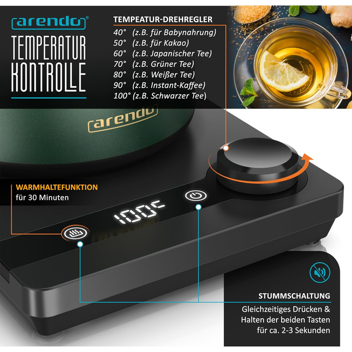 Електричний чайник Arendo з регулюванням температури 40-100°C, 0.6 л, з цифровою основою, з індикатором температури, BPA Free, функція підтримки тепла, чорно-зелений