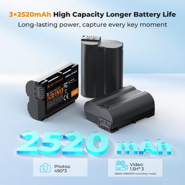 Комплект акумуляторів K&F CONCEPT EN-EL15C (3 шт.) з LED PD швидким зарядним пристроєм 20W для Nikon Z8, Z7, Z7II, Z6, Z6II, Z6III, Z5, ZF, D850, D780, D750, D7500, D7200, D7100