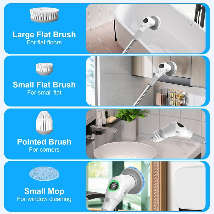 Electric Cleaning Brush, Electric Spin Scrubber Cordless with 8 Interchangeable Brush Heads, 3 Speed, Adjustable Handle, LED Display Electric Brush for Bathroom, Kitchen, Car, Tiles