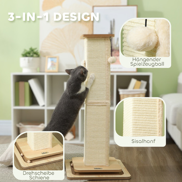 PawHut 3-in-1 Scratching Post, 87cm Scratching Column, Sisal Cat Scratching Tree with Play Ball, Scratching Post for Cats, Cat Scratching Furniture, Indoor, Oak | Aosom