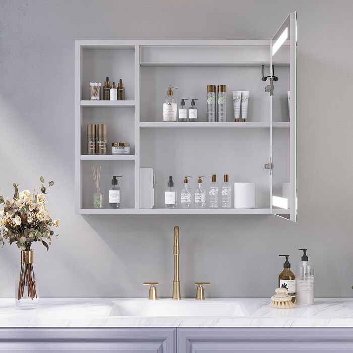 Дзеркальна шафа для ванної кімнати AQUABATOS з розеткою та підсвічуванням LED, 50x70 см, шафа для ванної кімнати, дзеркало з інфрачервовим сенсором, регулювання яскравості, антизапарювання, холодне біле світло