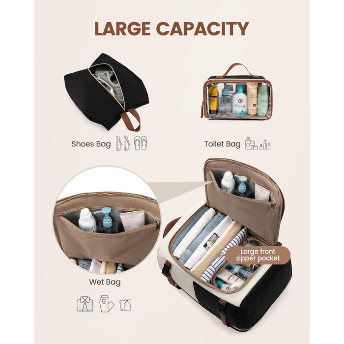 Рюкзак LOVEVOOK для ручної поклажі літака, жіночий, 50L, для подорожей, бізнесу, школи, чорний+бежевий+коричневий