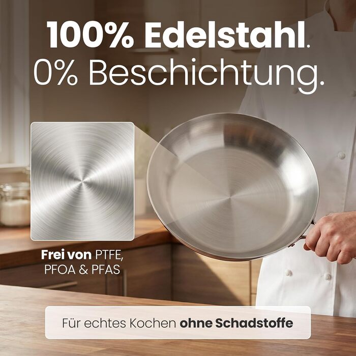 Сковорода нержавіюча сталь 24 см Edelstahlpfanne – для індукції, професійна, універсальна. Підходить для стейків та пасти, без покриття PFOA/PTFE/PFAS, жароміцна.