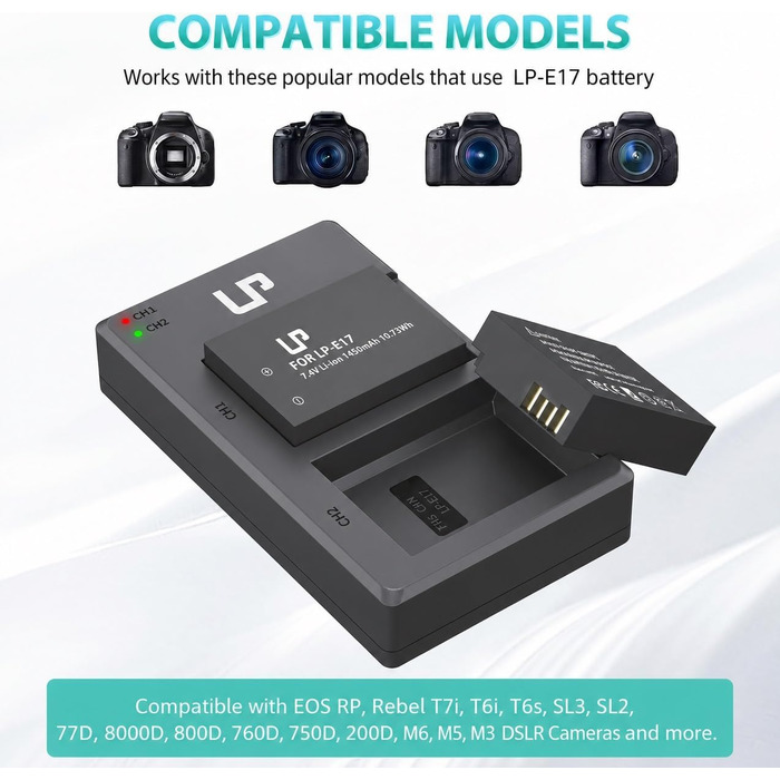 Акумулятор Canon LP-E17 + Двоканальний зарядний пристрій 2x1450mAh для EOS R8 R10 R50 RP Rebel T6i T7i T8i SL2 SL3 77D 200D 750D 760D 800D M3 M5 M6 Mark II