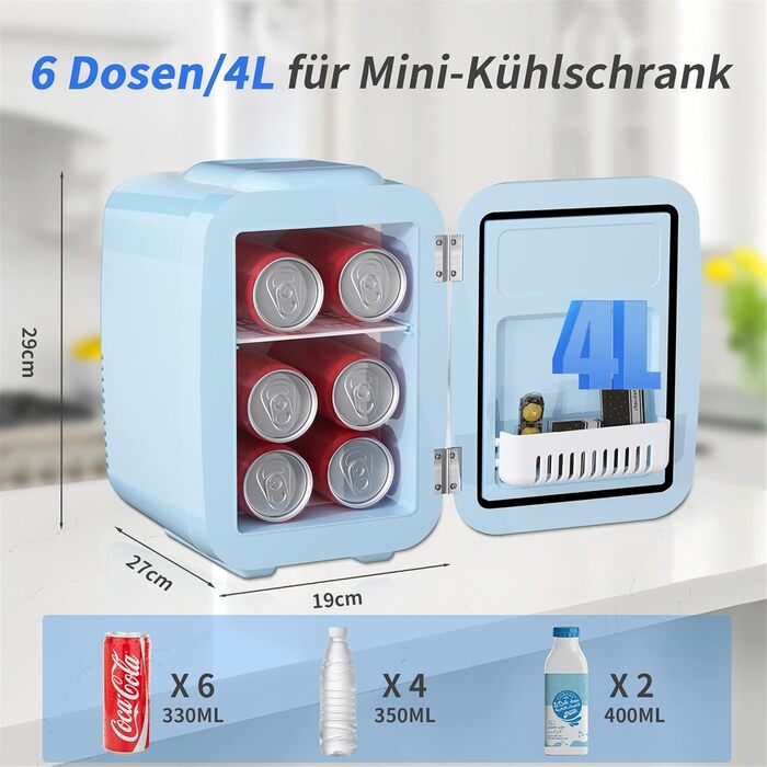 Міні-холодильник YASHE, 4 літри: для косметики, напоїв, 220V AC/ 12V DC, термоелектричне охолодження та нагрівання, білий/блакитний