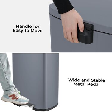 Відро для сміття LIFERUN 30л з кришкою, з м'яким закриттям, сталеве, з внутрішнім відром, для кухні, ванної кімнати, офісу (L-50L, сірий)