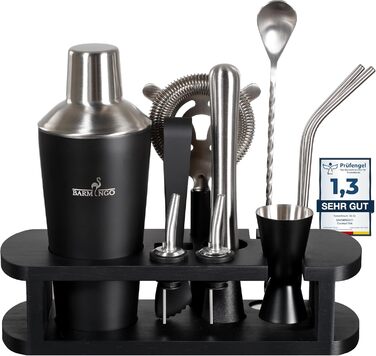 BARMINGO Stainless Steel Cocktail Set - 11 Piece Cocktail Shaker Set with Stand & Bar Accessories | Bartender Set | Cocktail Mixing Set | Bar Set | Gift Set | Black & Silver