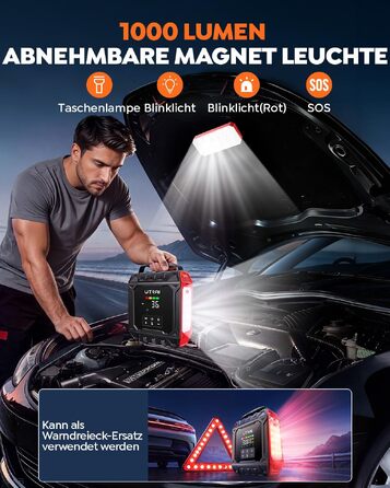 Пусковий пристрій UTRAI 7000A з компресором 160 PSI та Powerbank для авто (бензин, дизель до 12л), магнітний ліхтар 1000 Лм, 18 Вт, червоний