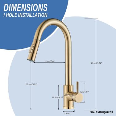 Знімна кухонна змішувач з 2 функціями, золото, 360° поворот, для кухонної мийки, однорідний змішувач, холодна та тепла вода, золотий матовий