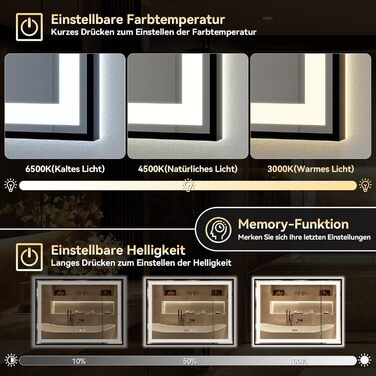 Дзеркало для ванної кімнати YU YUSING з підсвічуванням 60x80 см, антизапар, 3 кольори світла, регулювання яскравості, LED-дзеркало з годинником, IP44, вертикальне, срібло (чорний металевий каркас, 70x50 см)