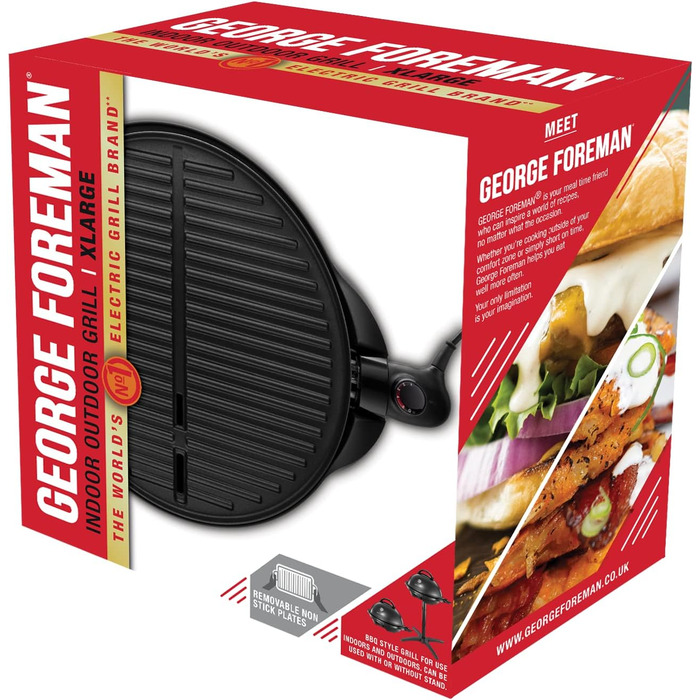Електричний гриль George Foreman 2в1: напільний і настільний, для дому та балкона, круглий, 44,5 см, 2400 Вт, з термометром і піддоном для жиру, чорний