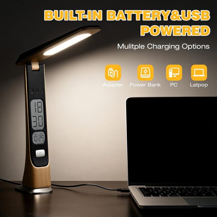 Bokefo Світлодіодна настільна лампа з акумулятором 1800 mAh, 3 кольори, регулювання яскравості, годинник, сенсорне управління, складна та портативна. Підходить для офісу, навчання, читання. Без адаптера