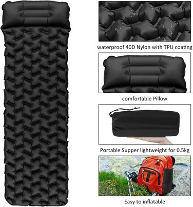Ultralight Inflatable Camping Mat with Pillow - Waterproof Folding Air Mattress for Camping, Hiking, Travel & Backpacking - Black