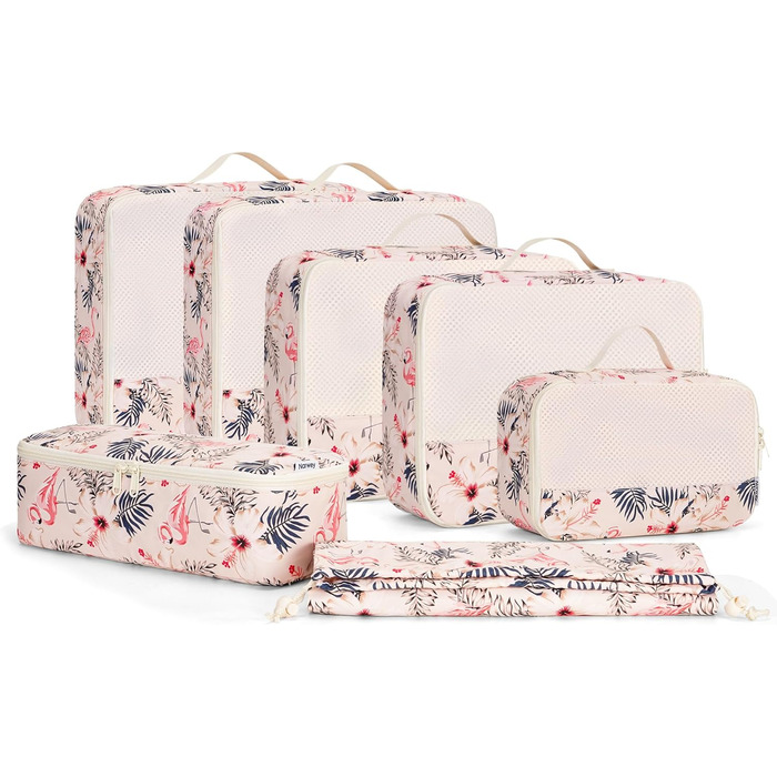 Органайзер для валізи Narwey 7 шт. Набір кубиків для пакування, рюкзак, органайзер для подорожей, дорожні сумки (Смугастий) (Z-бежевий Фламінго)