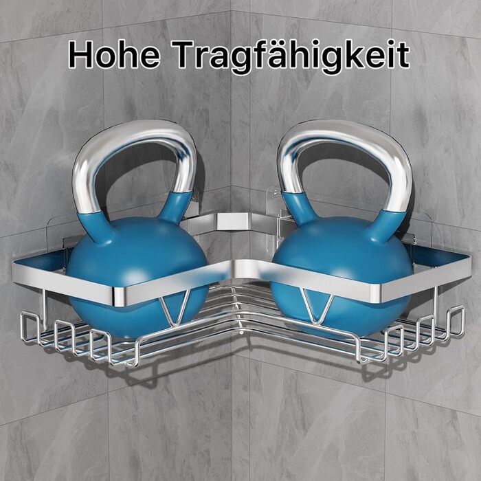 Полиця для душу YIGII без свердління, 3 шт. з нержавіючої сталі, органайзер для ванної кімнати, велика місткість, самоклеюча з мильничкою та 4 гачками, тримач для шампуню, сріблястий (2 шт.)